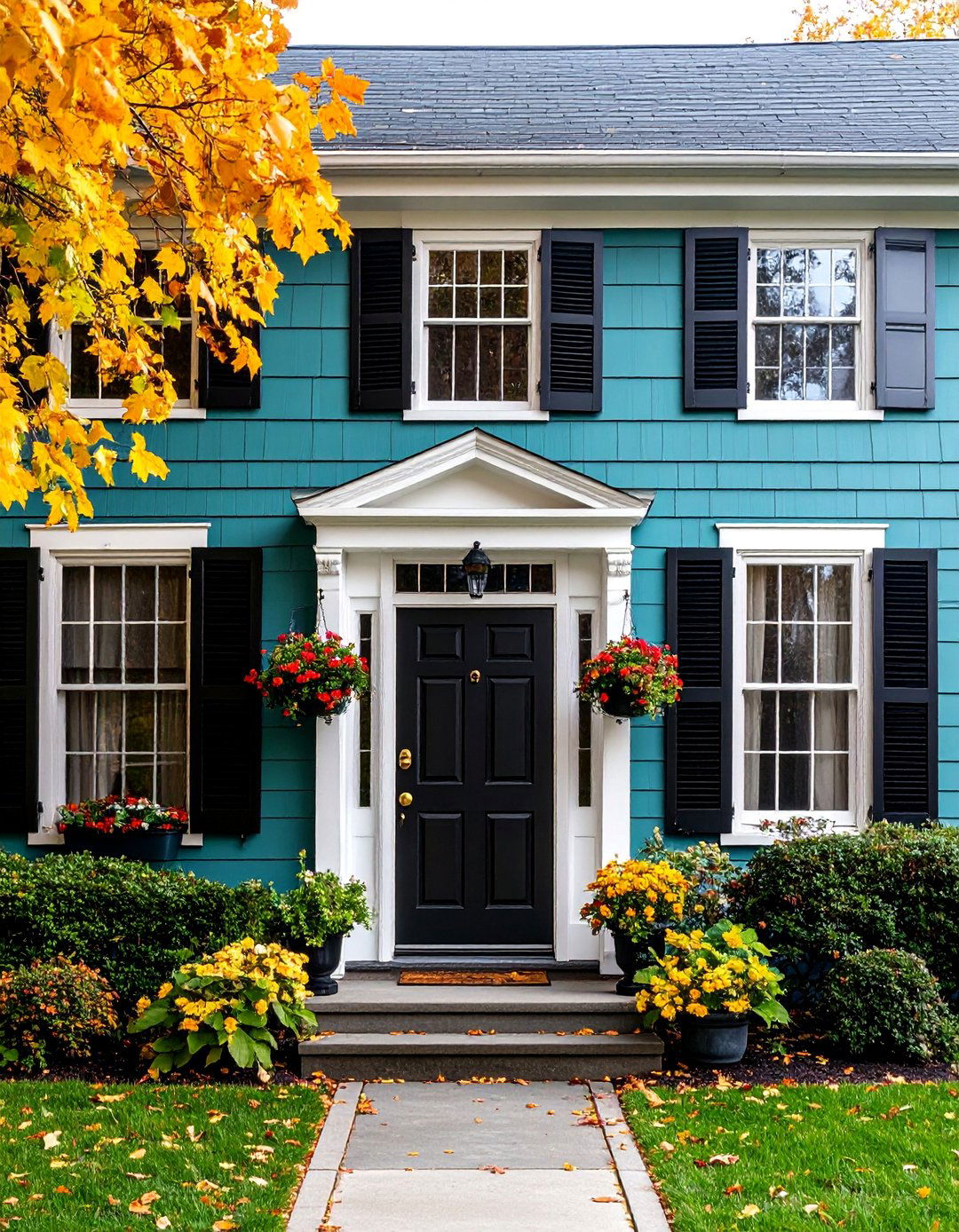 Traditional Colonial with Teal Clapboard and Black Shutters - 25 Teal House Exterior Ideas