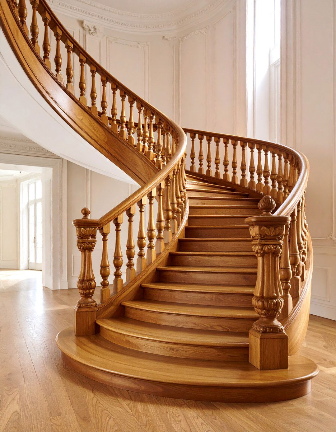 Traditional Curved Wooden Staircase with Ornate Spindles - 25 Staircase Ideas