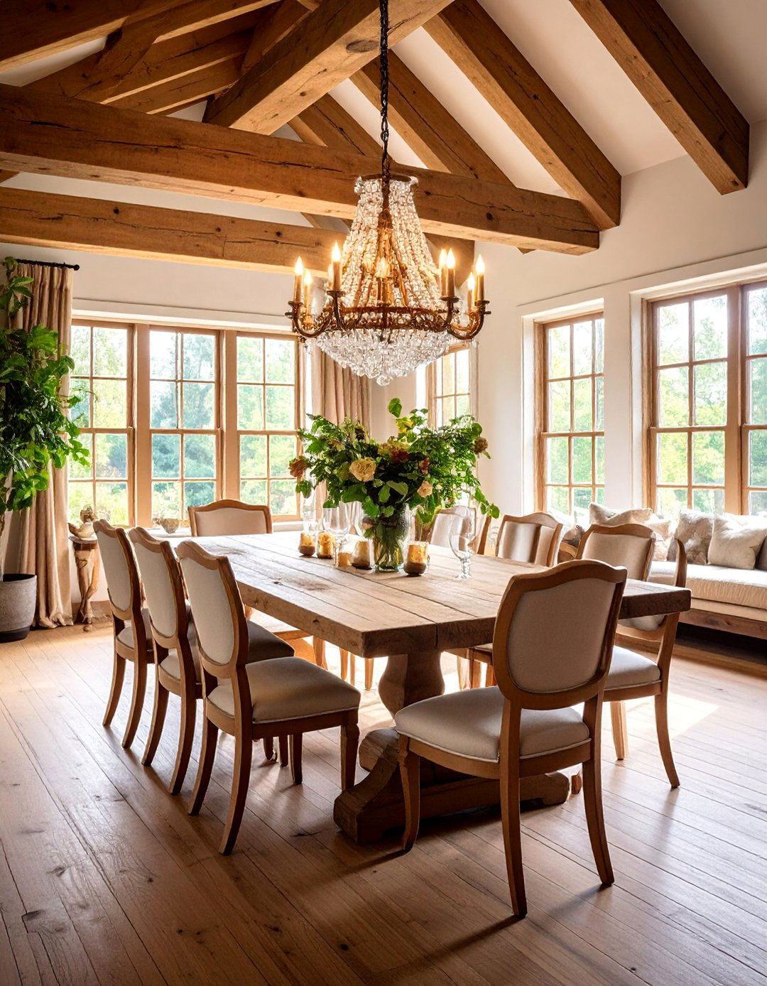 Traditional Dining Room with Hand Hewn Oak Beams - 25 Vaulted Ceiling With Beams