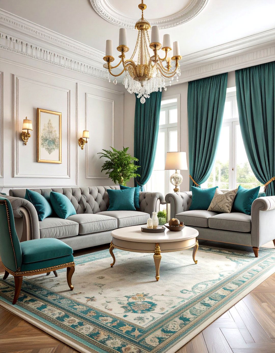 Traditional Elegance with Teal Accents - 25 Teal and Grey Living Room Ideas