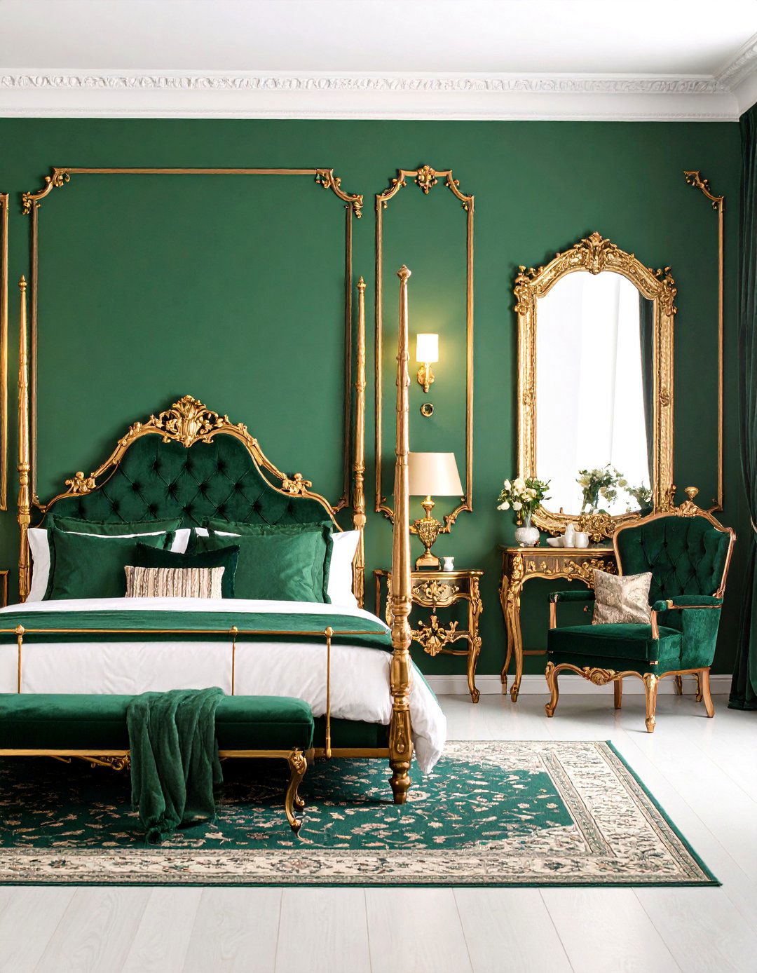 Traditional Emerald Green Bedroom with Gold Crown Molding - 25 Emerald Green and Gold Bedroom Ideas