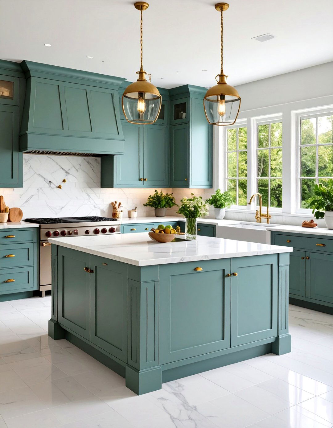 Traditional English Country Kitchen with Sage Grey Cabinets - 25 Grey and White Kitchen Designs
