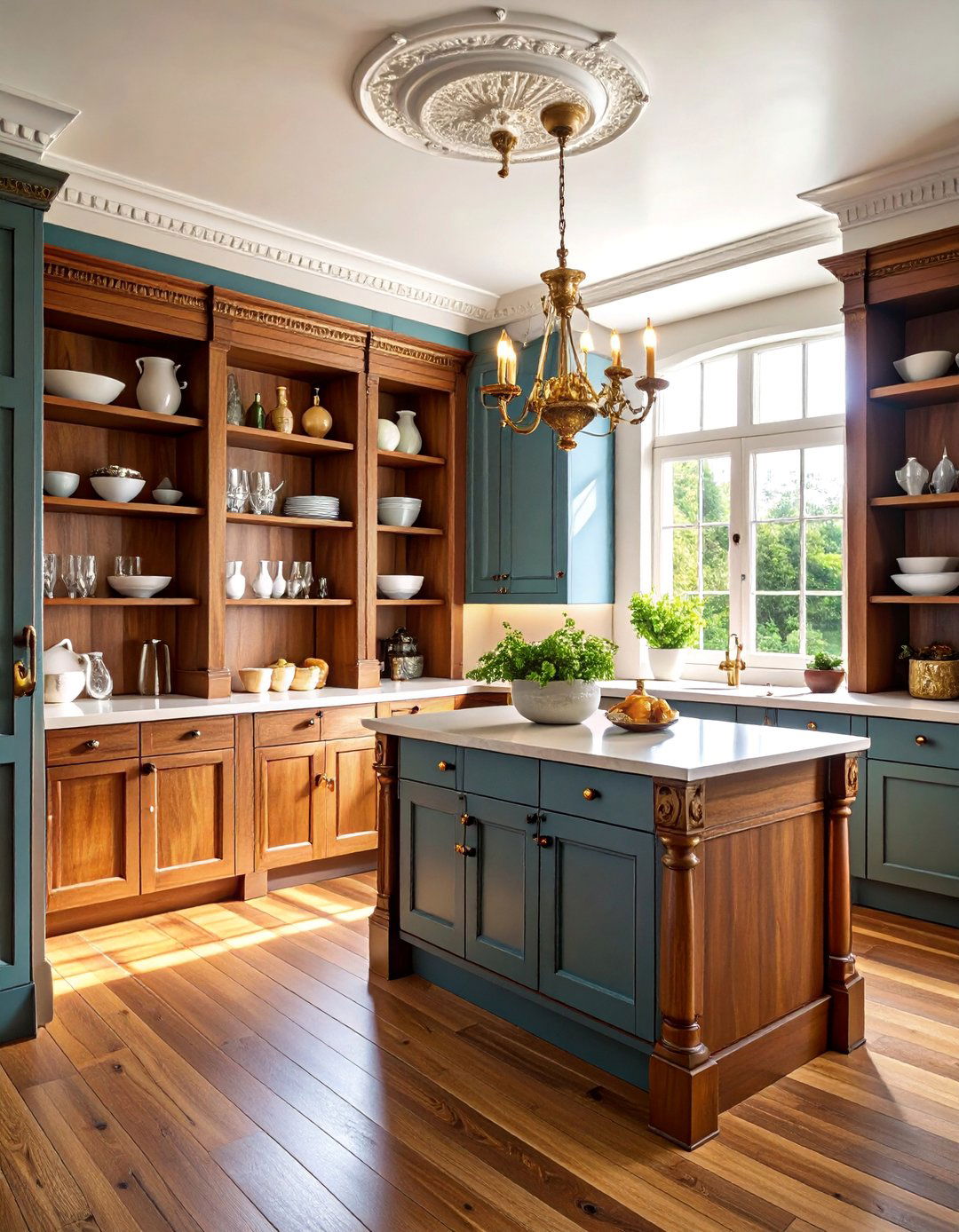 Traditional English Open Pantry with Crown Molding Details - 25 Open Pantry Ideas