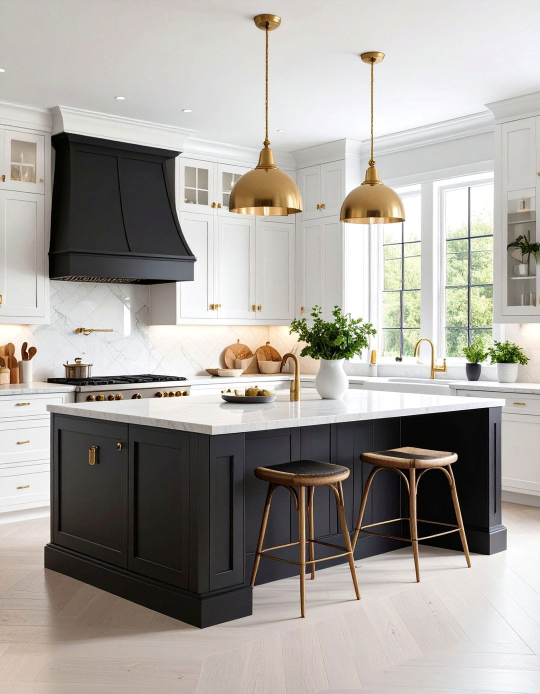Traditional English White Kitchen with Black Island and Brass Hardware - 25 white kitchen ideas with black island
