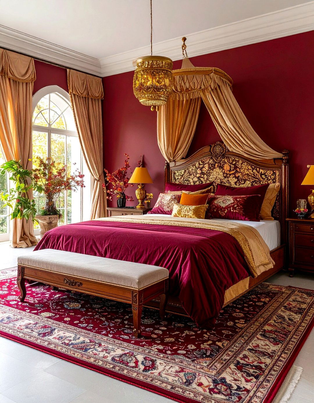 Traditional Fall Bedroom with Rich Burgundy Palette - 25 Fall Bedroom Decor Ideas