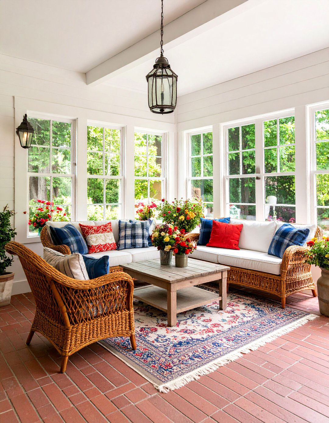 Traditional Farmhouse Sunroom with Red Brick Floors - 25 Brick Floor Sunroom Ideas