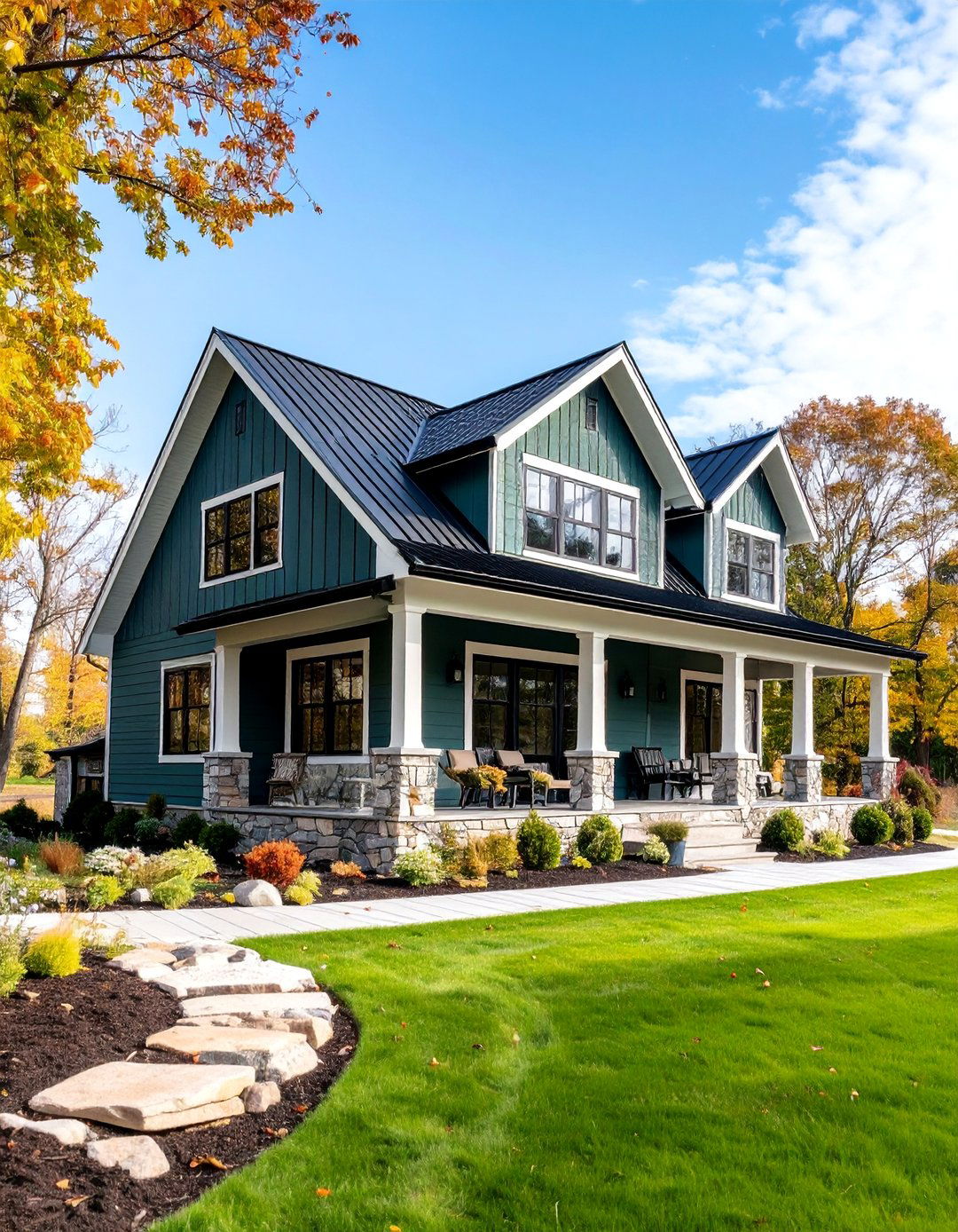 Traditional Forest Green Farmhouse with Black Window Frames - 25 Forest Green House With Black Trim