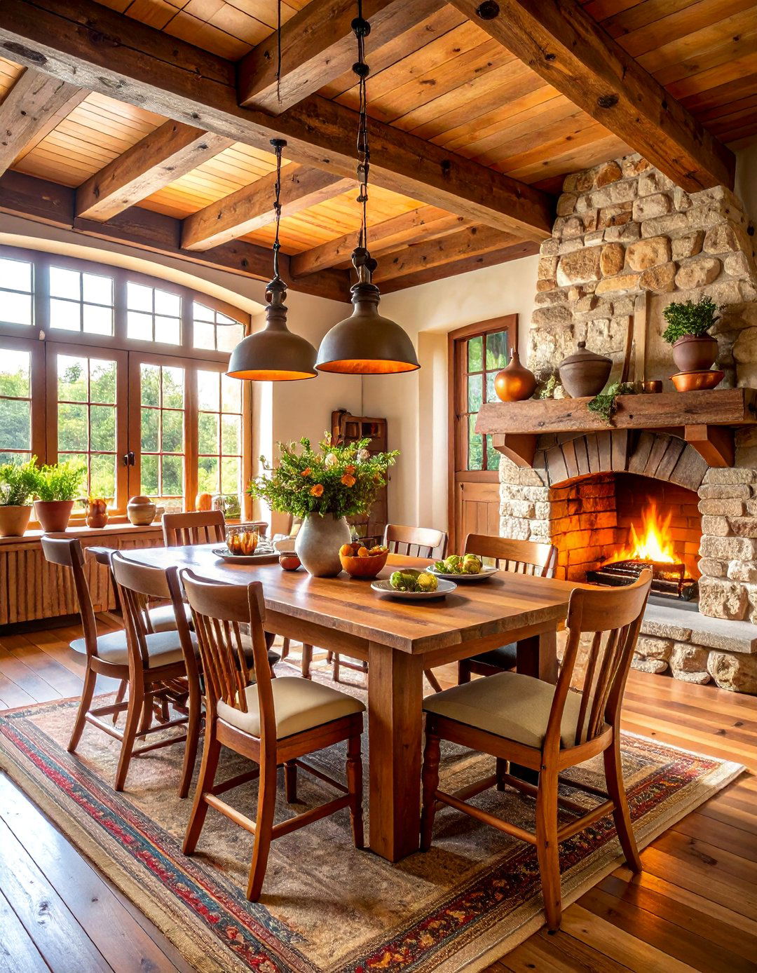 Traditional French Country Dining Room with Stone Fireplace - 25 French Country Dining Room Ideas
