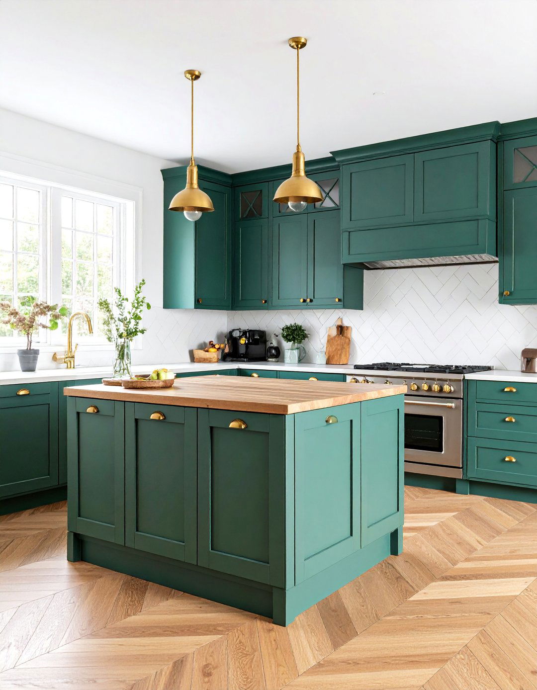 Traditional Kitchen with Dark Green Cabinets and Walnut Counters - 25 Kitchens With Butcher Block Countertops
