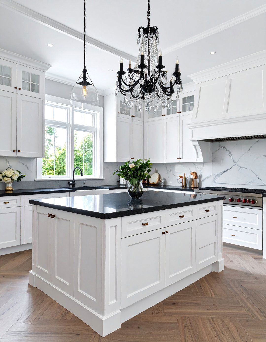 Traditional Kitchen with Dentil Molding and Black Marble - 25 white kitchen with black countertops ideas