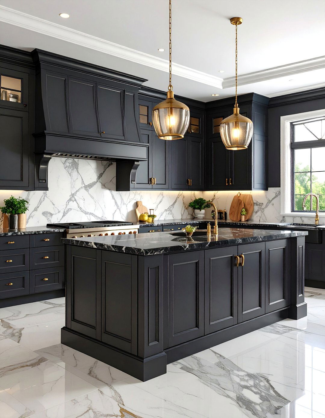 Traditional Kitchen with Raised Panel Cabinets and Black Marble Countertops - 25 Kitchen With White Cabinets and Black Countertops Ideas