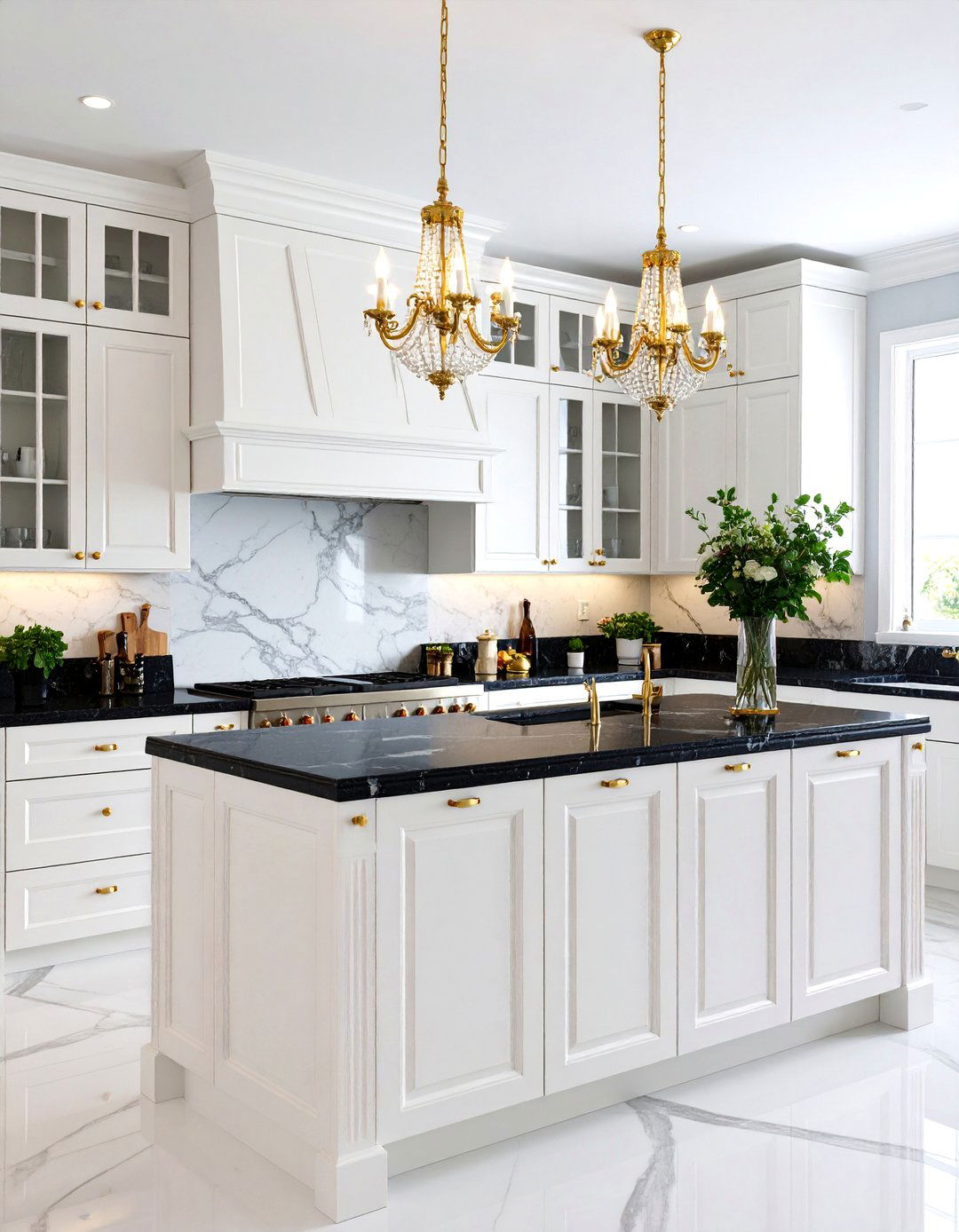 Traditional Kitchen with Raised Panel Cabinets and Black Marble - 25 white kitchen with black countertops ideas