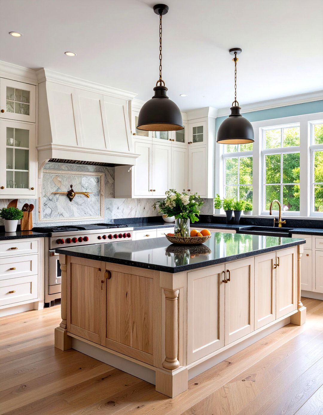 Traditional Kitchen with White Cabinets Black Granite and Wood Island - 25 Kitchen With White Cabinets and Black Countertops Ideas