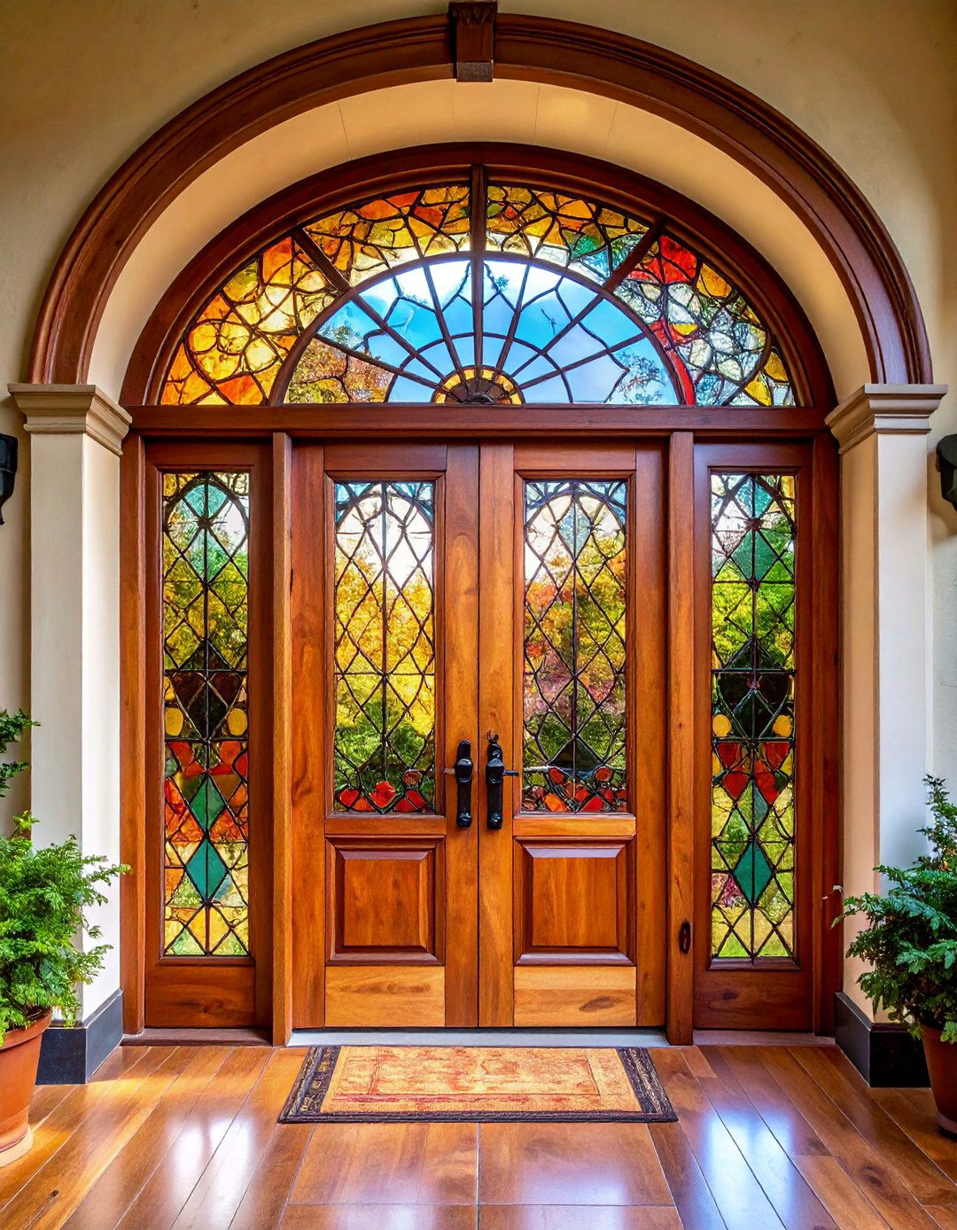 Traditional Leaded Glass Door with Arched Transom - 25 Glass Front Doors Ideas