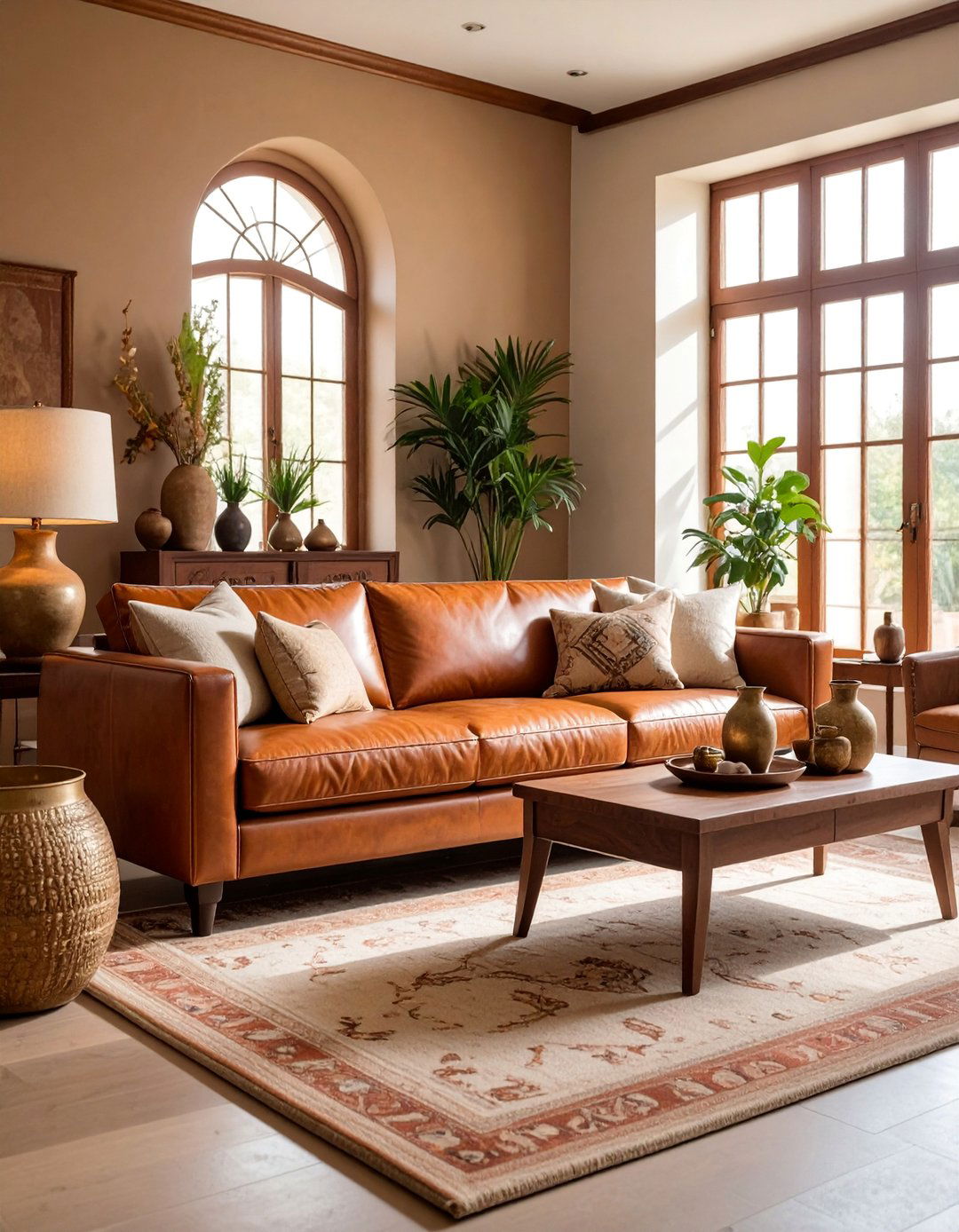 Traditional Leather and Linen Living Room with Rich Woods - 25 Pottery Barn Living Room Ideas