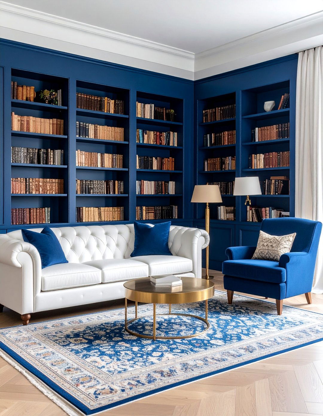 Traditional Library with Blue Built ins - 25 Blue and White Decor Ideas