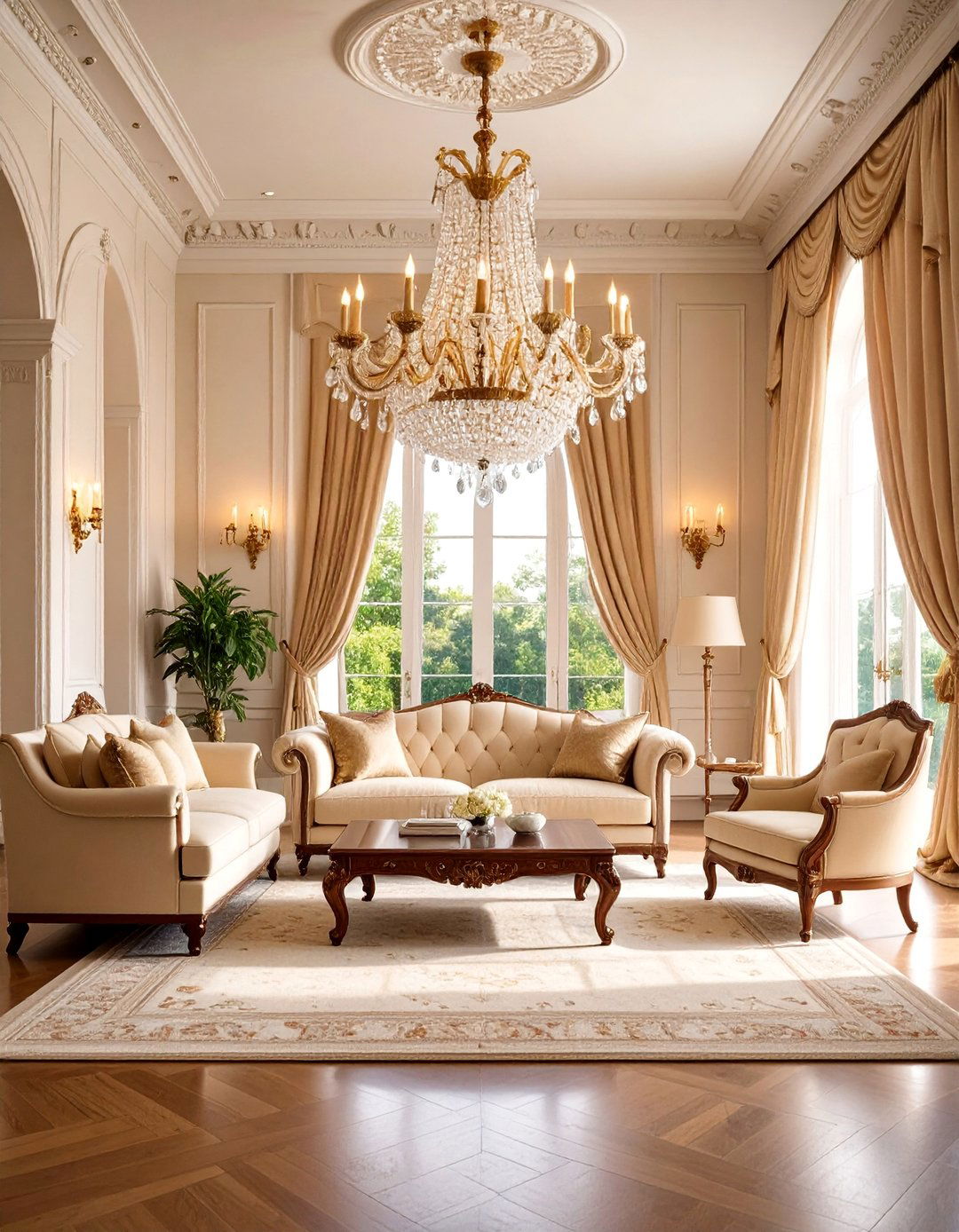 Traditional Living Room with Crystal Chandelier Centerpiece - 25 Traditional Living Room Ideas
