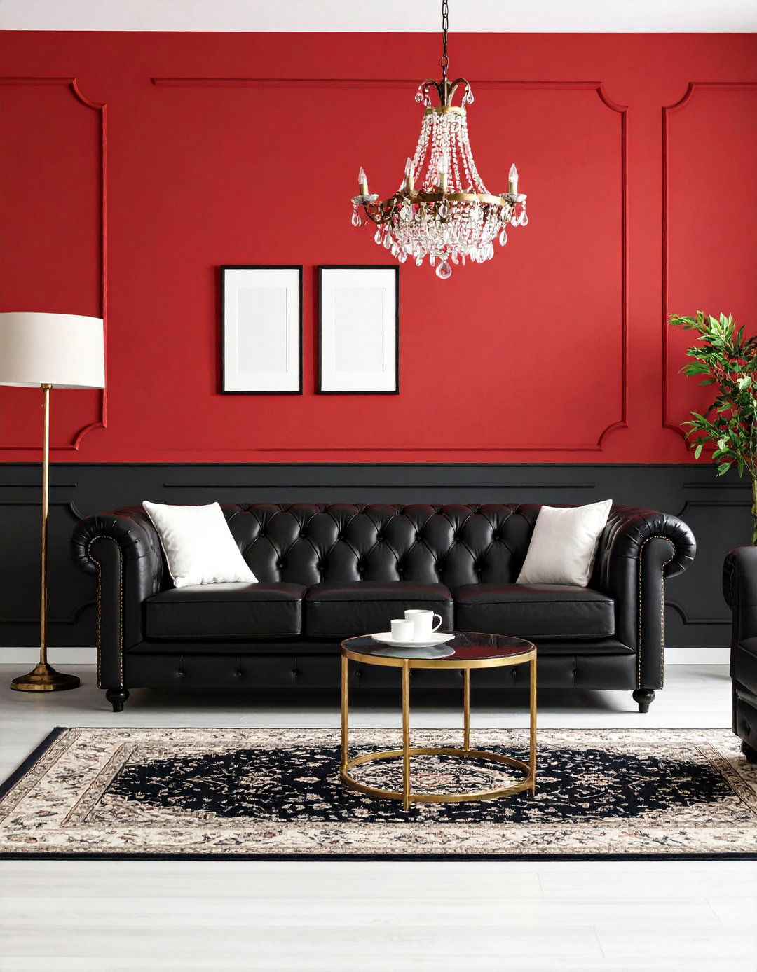 Traditional Living Room with Deep Red Walls and Black Trim - 25 Black and Red Living Room Ideas