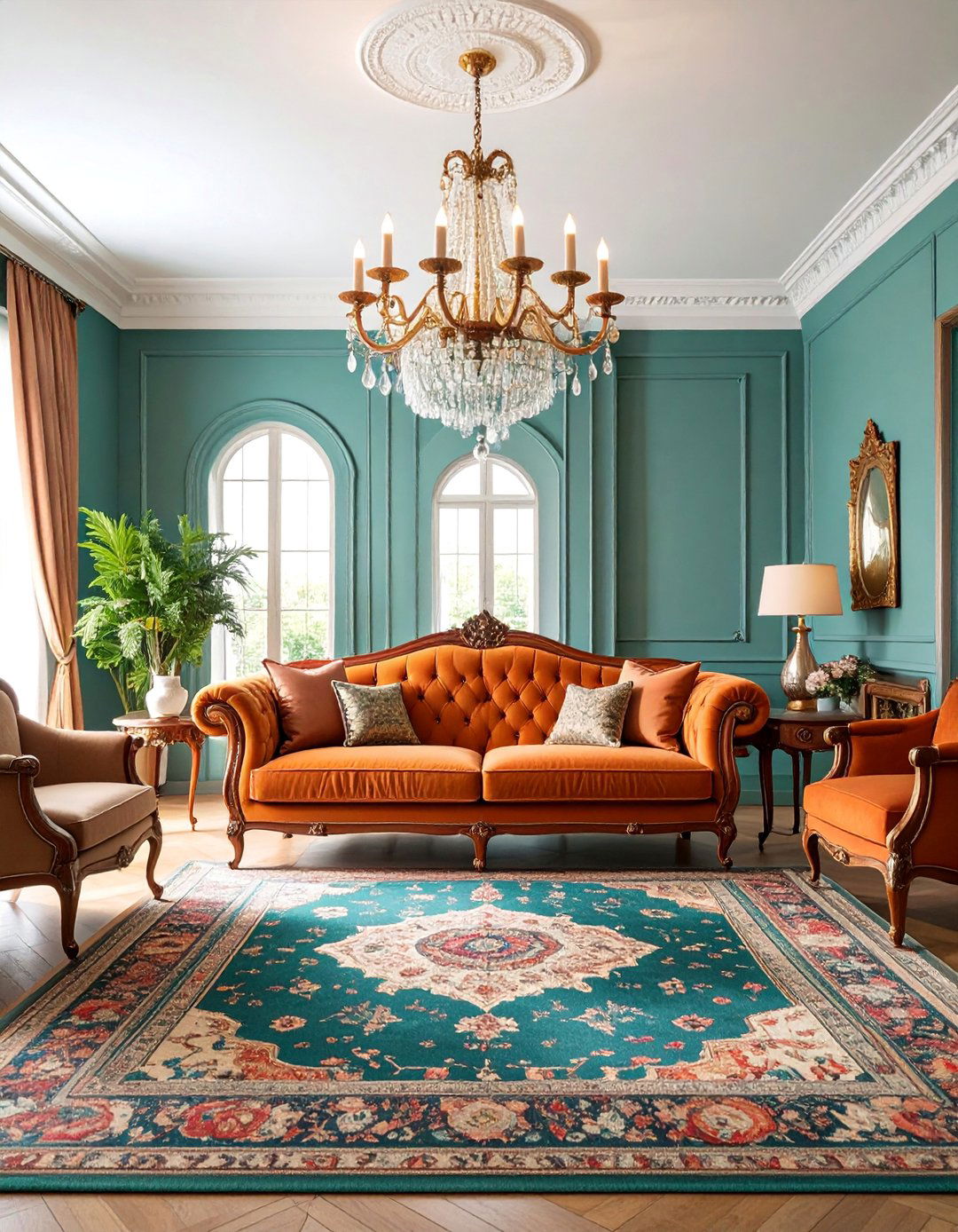 Traditional Living Room with Orange Velvet Sofa - 25 Teal and Orange Color Scheme for Your Rooms
