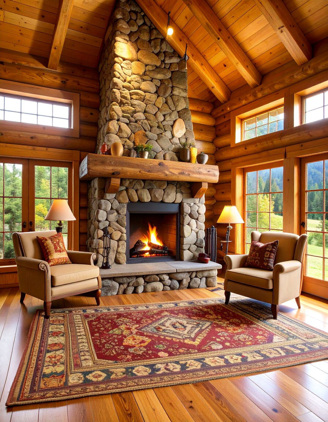 Traditional Log Cabin Fieldstone Hearth - 25 Cabin Fireplace Ideas