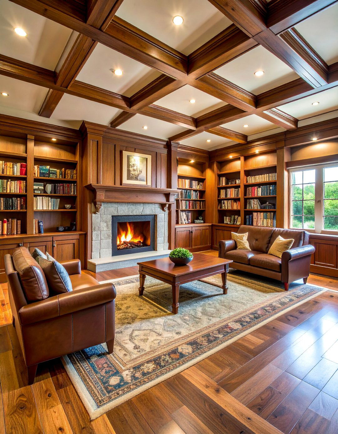 Traditional Mantel Fireplace with Rich Wood Paneling and Library Shelving - 25 Basement Fireplace Ideas