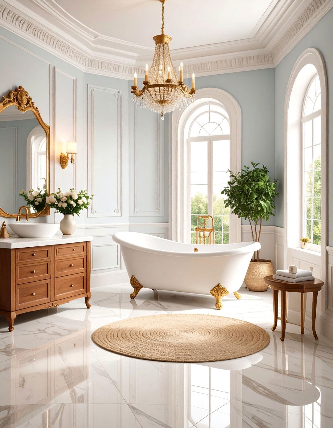 Traditional Marble Bathroom with Wainscoting and Crown Molding - 25 Marble Bathroom Ideas