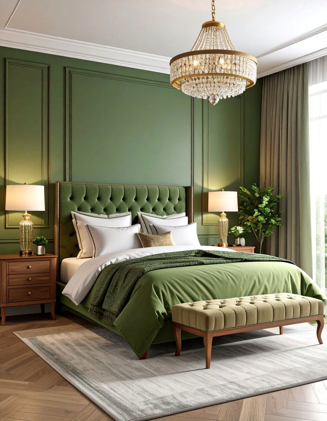 Traditional Master Suite with Olive Green Upholstered Wall - 25 Olive Green Accent Wall Ideas