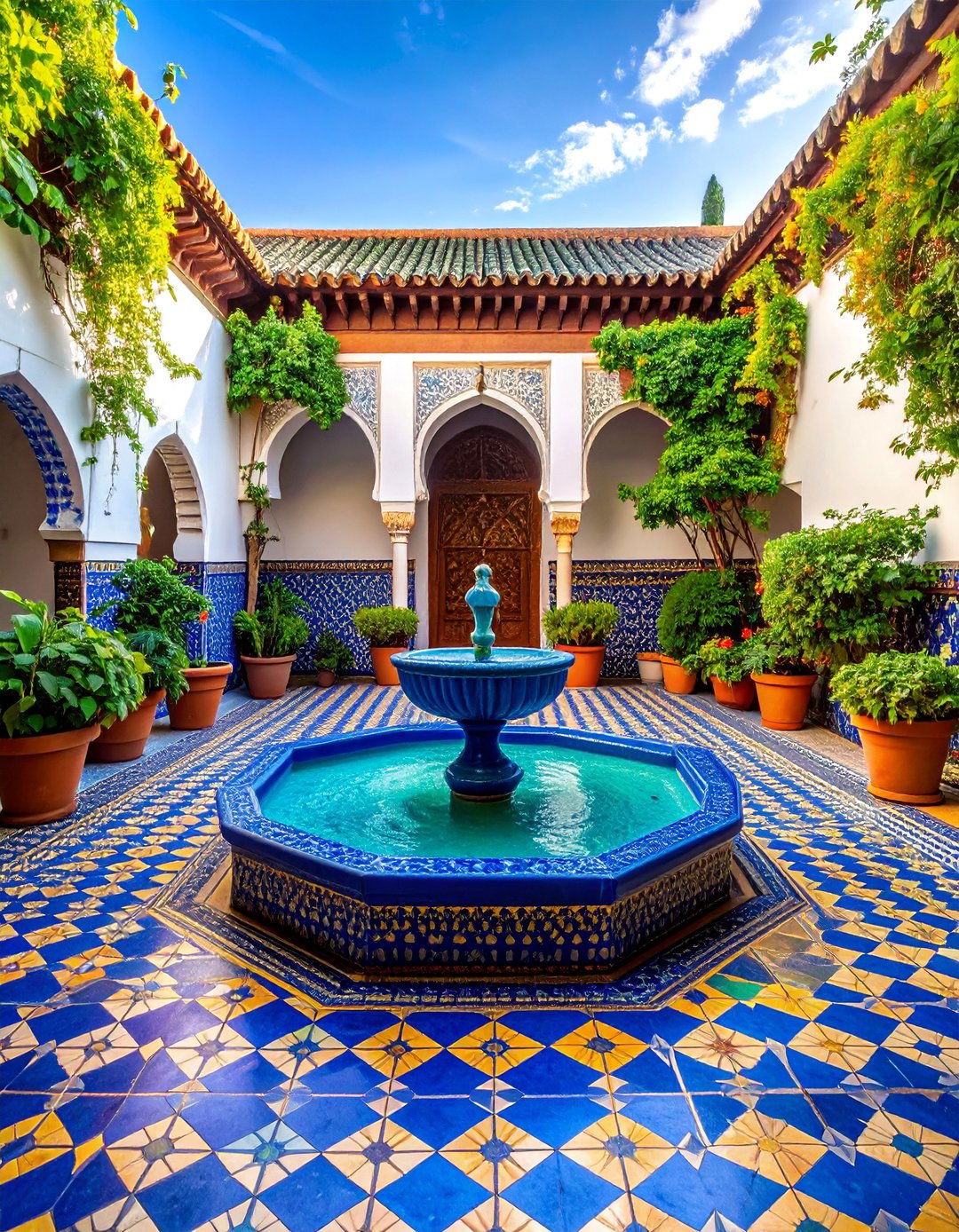 Traditional Moorish Courtyard with Central Fountain - 25 Spanish Courtyard Ideas