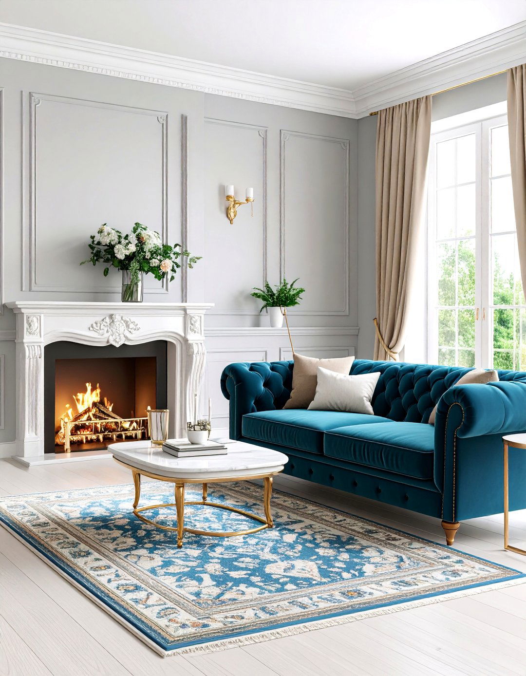 Traditional Navy Blue Living Room with Grey Paneled Walls - 25 Navy Blue and Grey Living Room Ideas