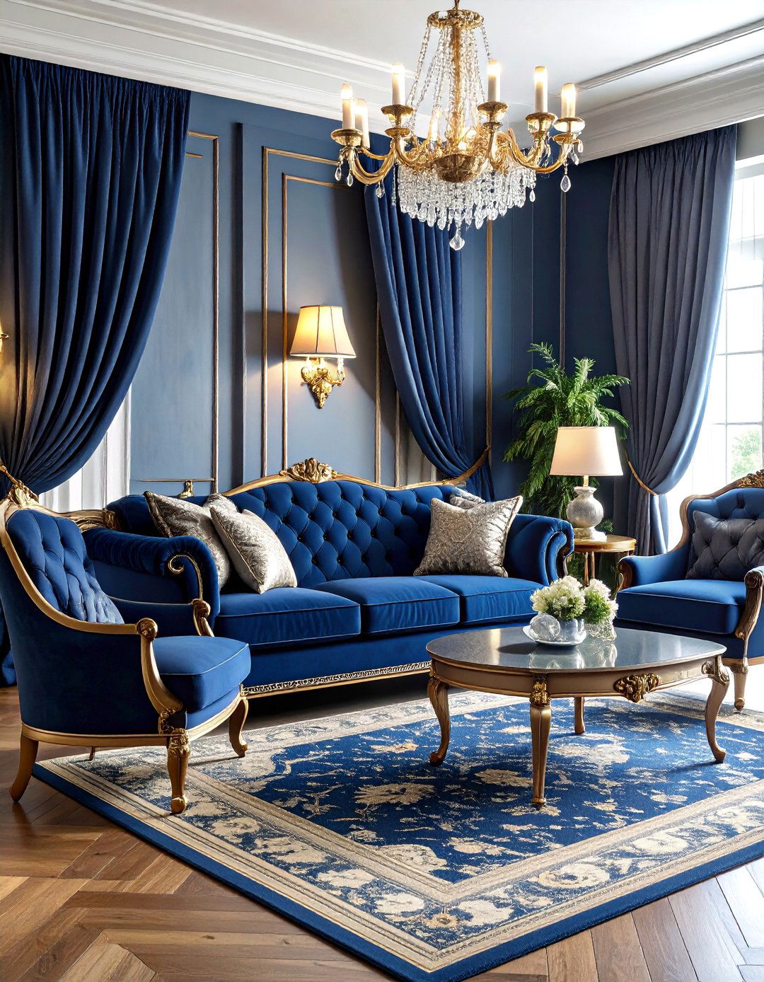 Traditional Navy and Grey Living Room with Formal Symmetry - 25 Navy Blue and Grey Living Room Ideas