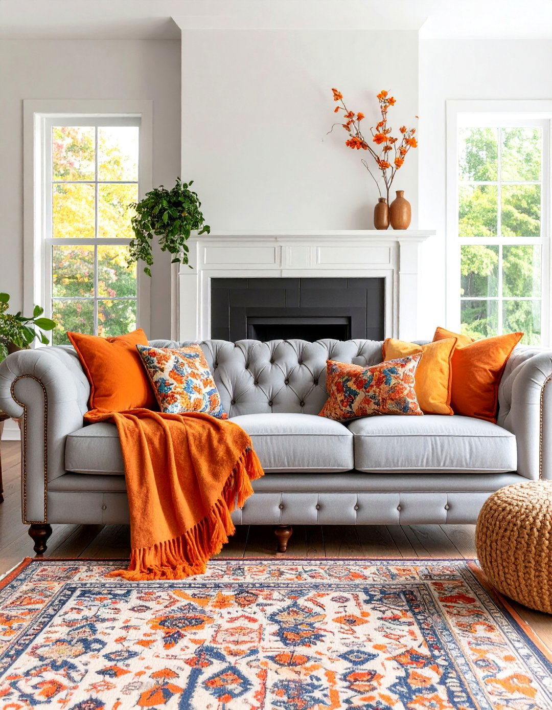 Traditional Orange Paisley and Dove Grey English Country Living Room - 25 Orange and Grey Living Room Ideas