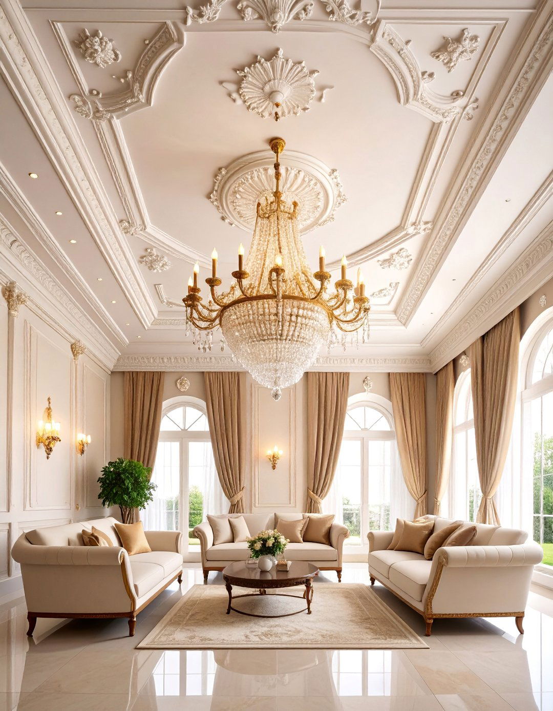 Traditional Ornate POP Ceiling with Crystal Chandelier Integration - 25 Living Room False Ceiling Design Ideas