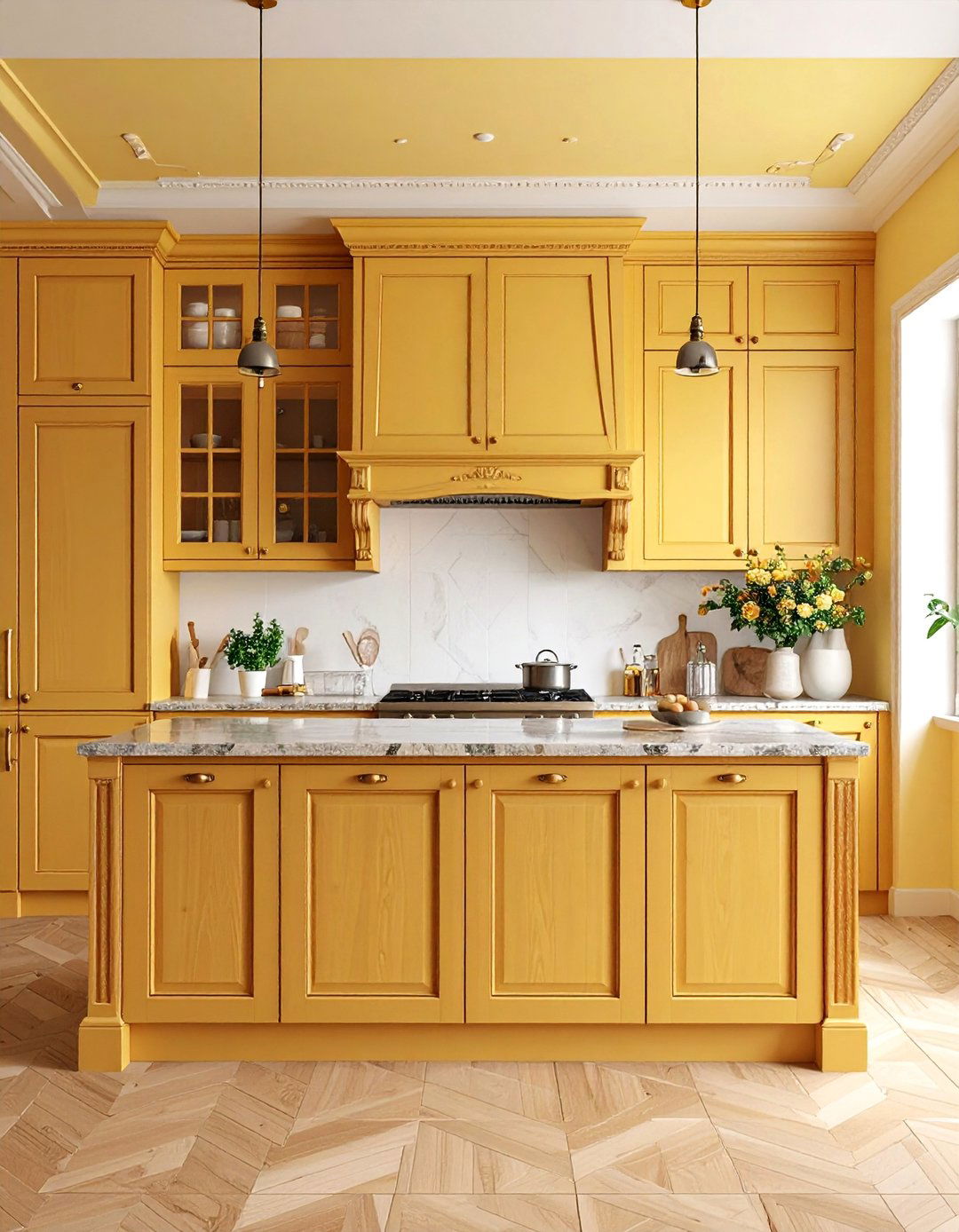 Traditional Pale Yellow Kitchen with Rich Walnut Cabinets - 25 Pale Yellow Kitchen Ideas
