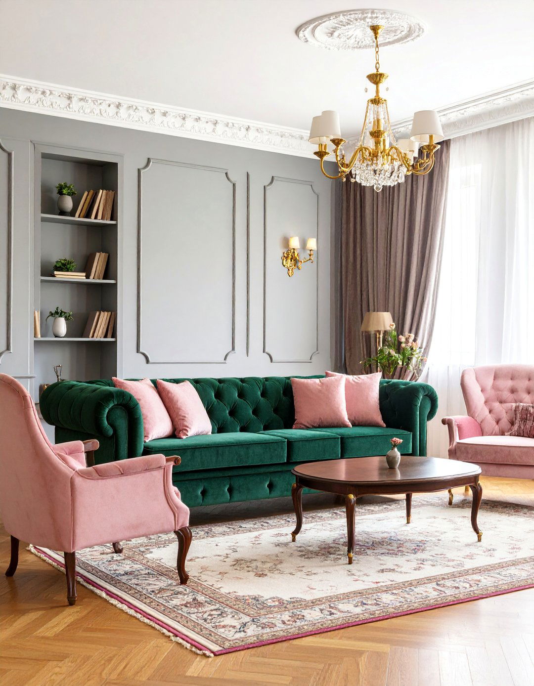 Traditional Pink and Grey Living Room with Classic Elements - 25 Pink and Grey Living Room Ideas