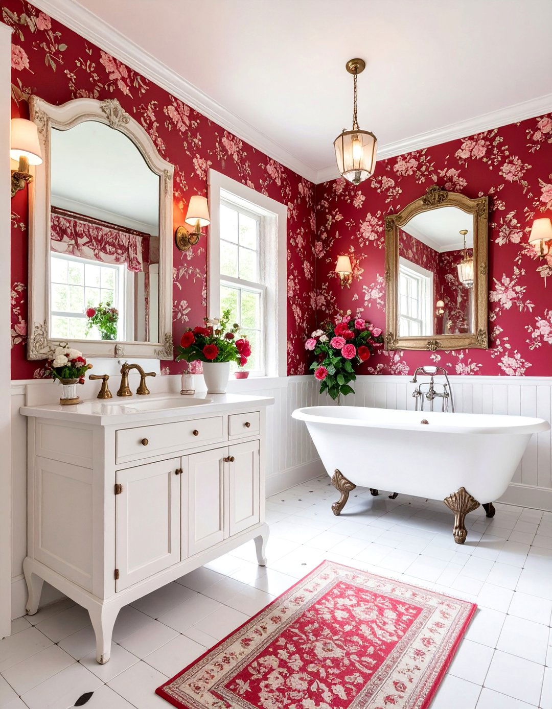 Traditional Red Bathroom with Floral Wallpaper - 25 Red Bathroom Ideas