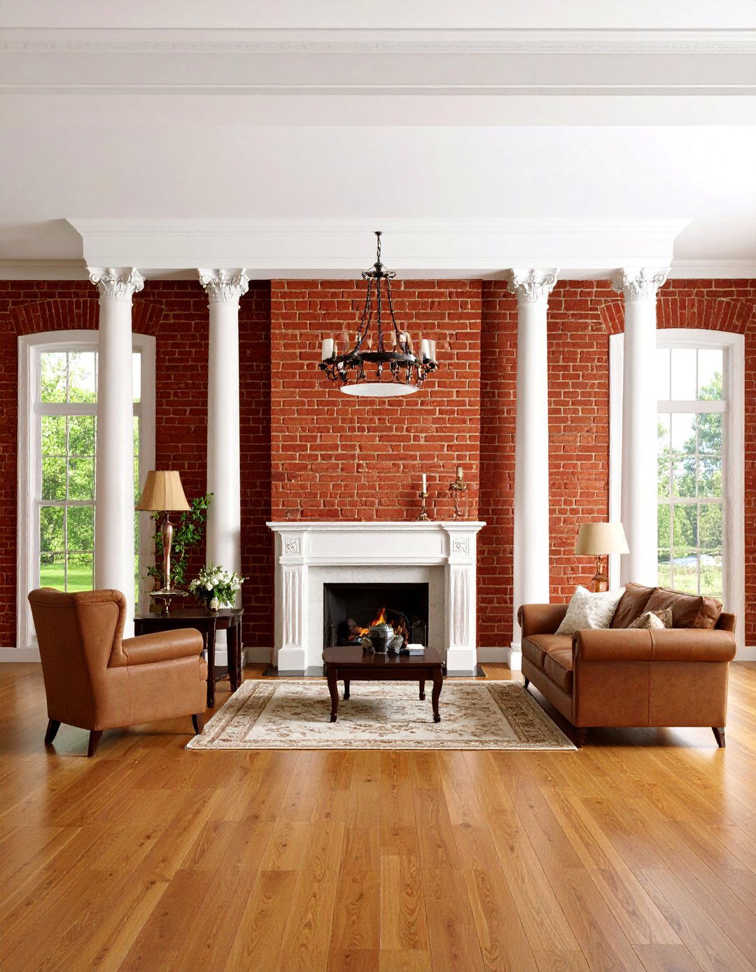 Traditional Red Brick with Classic Column Details - 25 Brick Fireplace Ideas