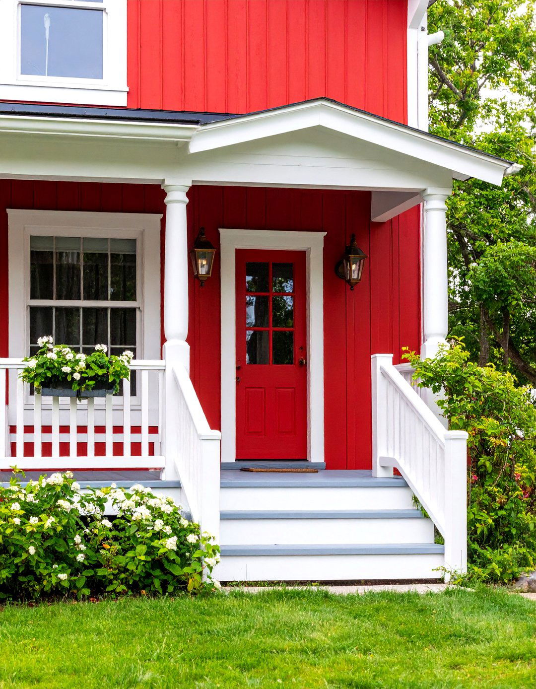 Traditional Red Cape Cod Porch with White Trim and Classic Details - 25 Small Cape Cod Front Porch Ideas