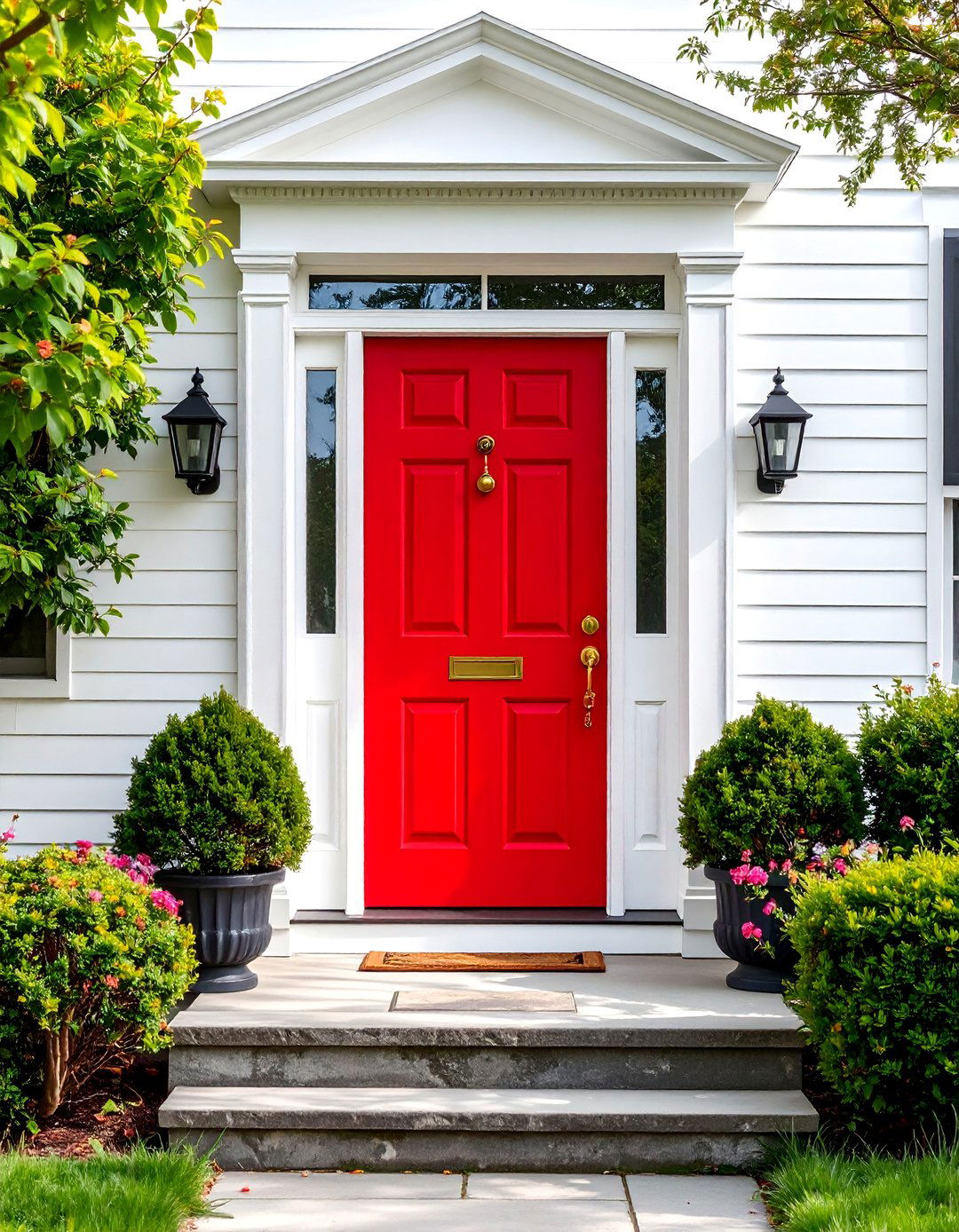 Traditional Red Door with White Trim Details - 25 Dark Red Front Door Ideas