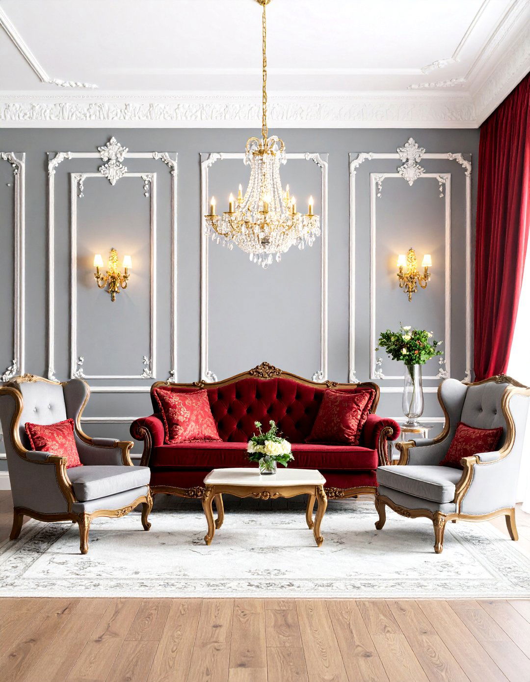 Traditional Red and Grey Living Room with Crown Molding - 25 Red and Grey Living Room Ideas