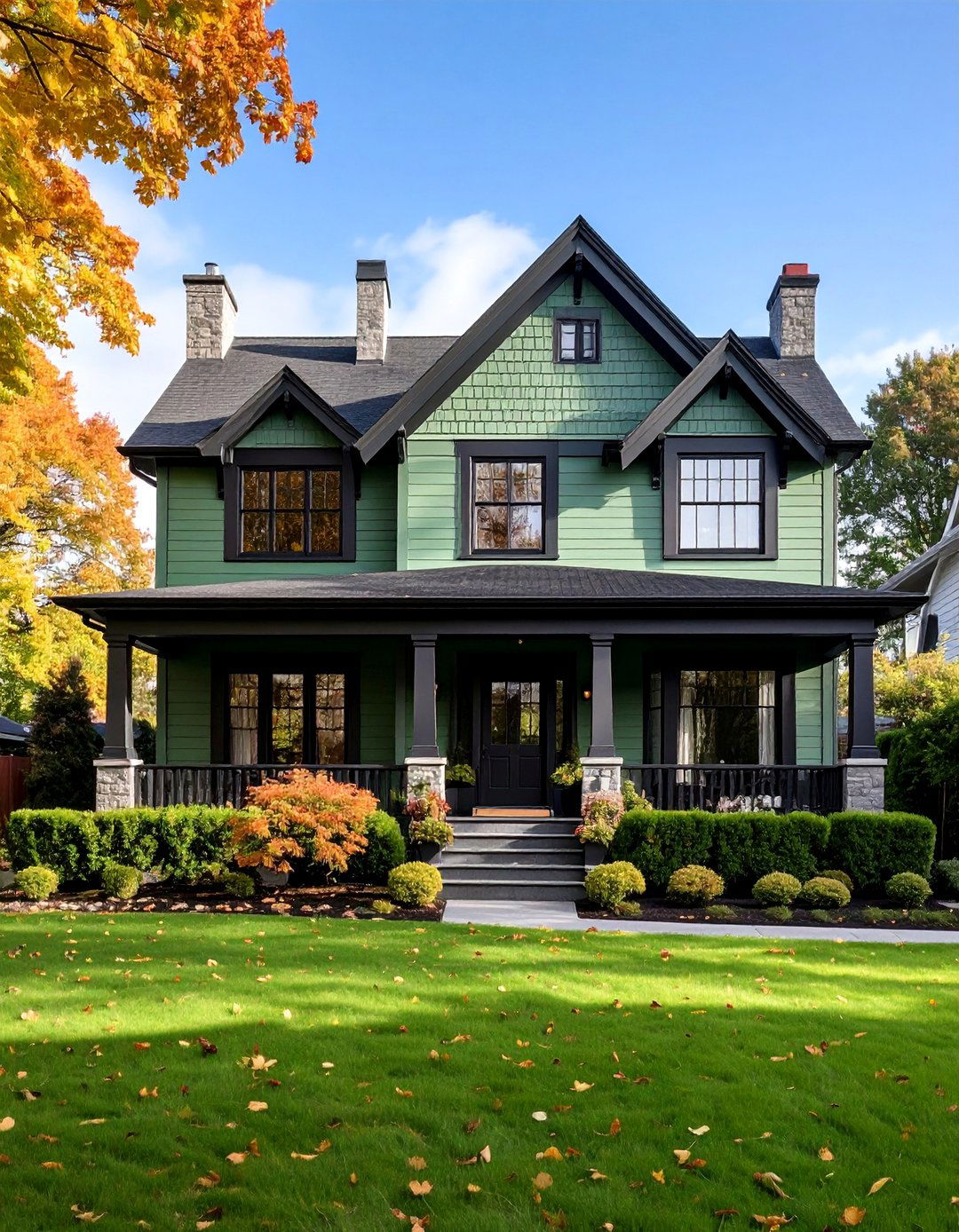 Traditional Sage Green House with Black Architectural Details - 25 Sage Green House With Black Trim Ideas