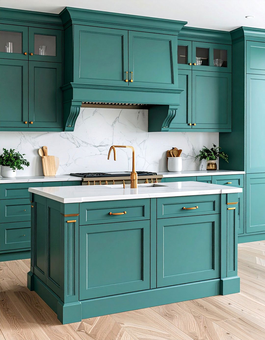 Traditional Sage Green Shaker Island with Brass Hardware - 25 Sage Green Kitchen Island Ideas