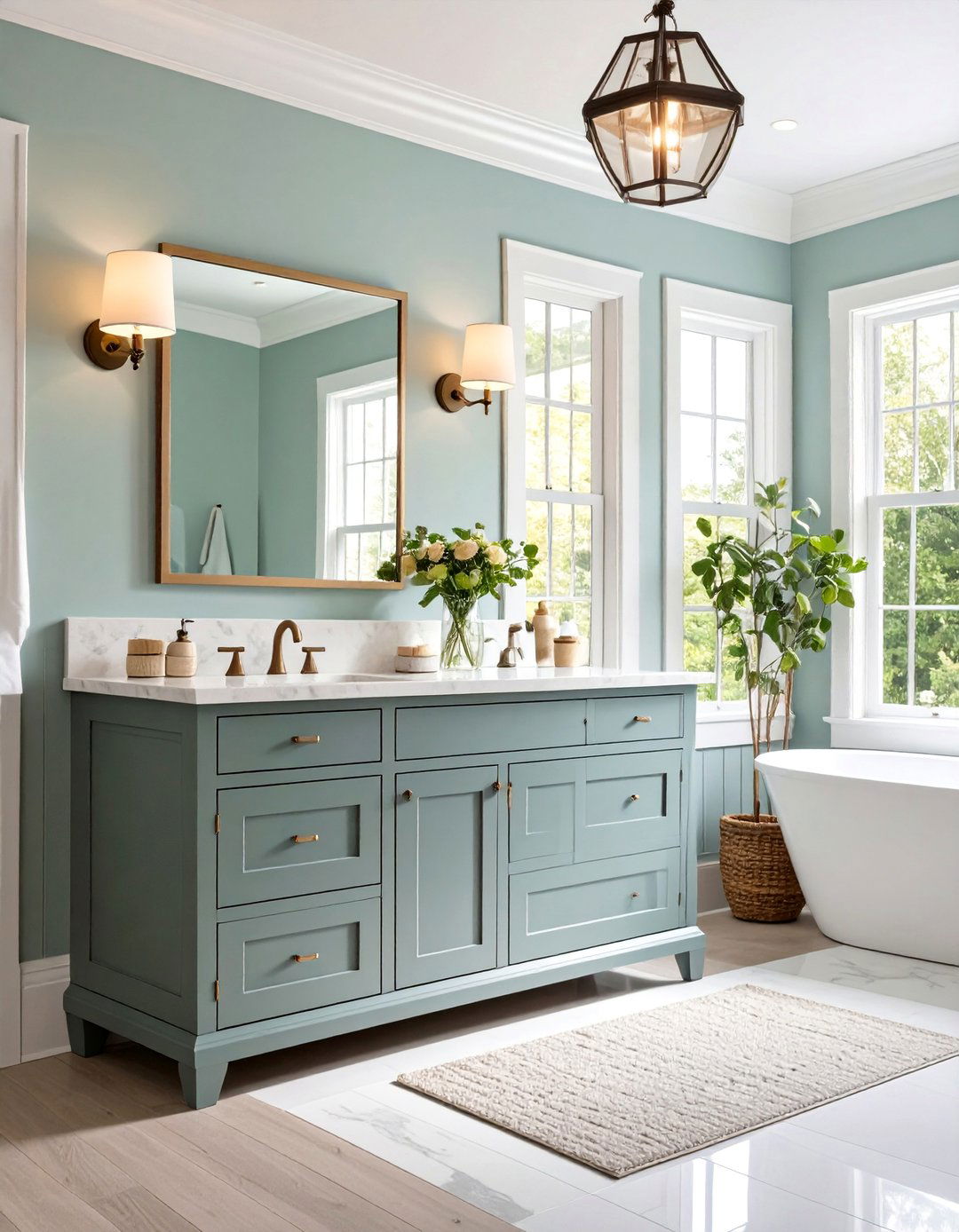 Traditional Sage Grey Vanity with Beadboard Paneling - 25 Grey Bathroom Vanity Design Ideas