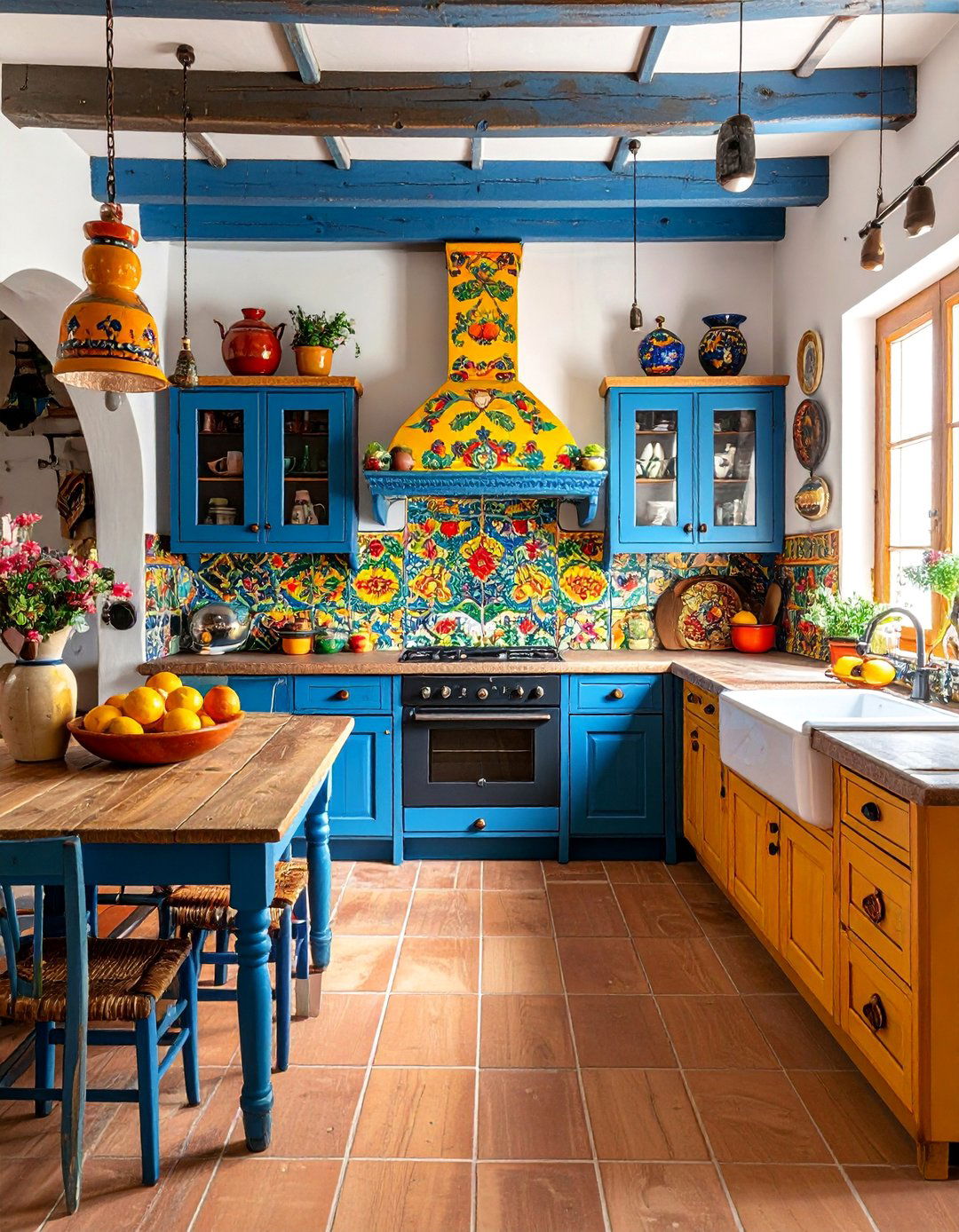 Traditional Spanish Kitchen with Painted Wooden Furniture - 25 Spanish Style Kitchen Ideas