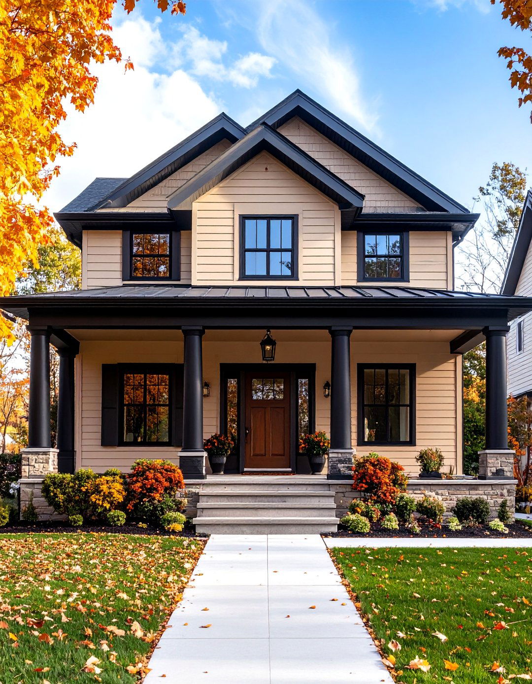 Traditional Tan House with Black Columned Front Porch - 25 Tan House With Black Trim Design Ideas