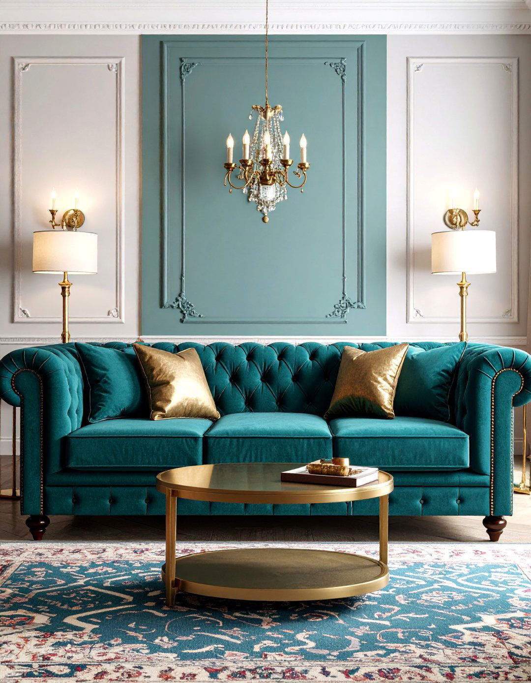 Traditional Teal Chesterfield Living Room - 25 Teal Couch Living Room Ideas