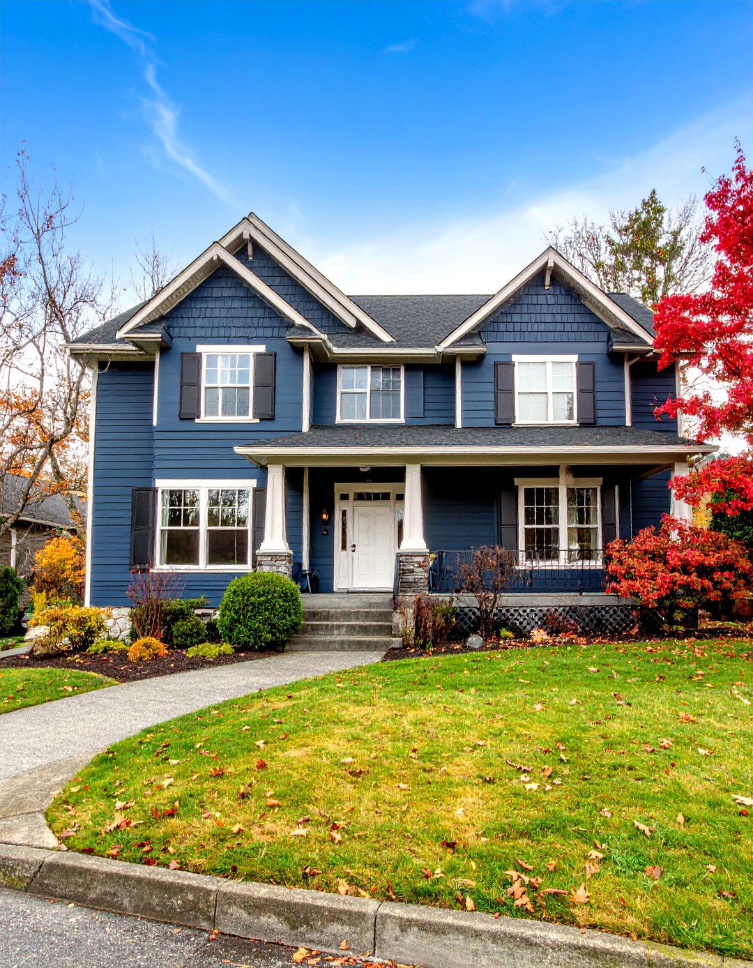 Traditional Two Story with Black Board and Batten Trim - 25 Dark Blue House With Black Trim
