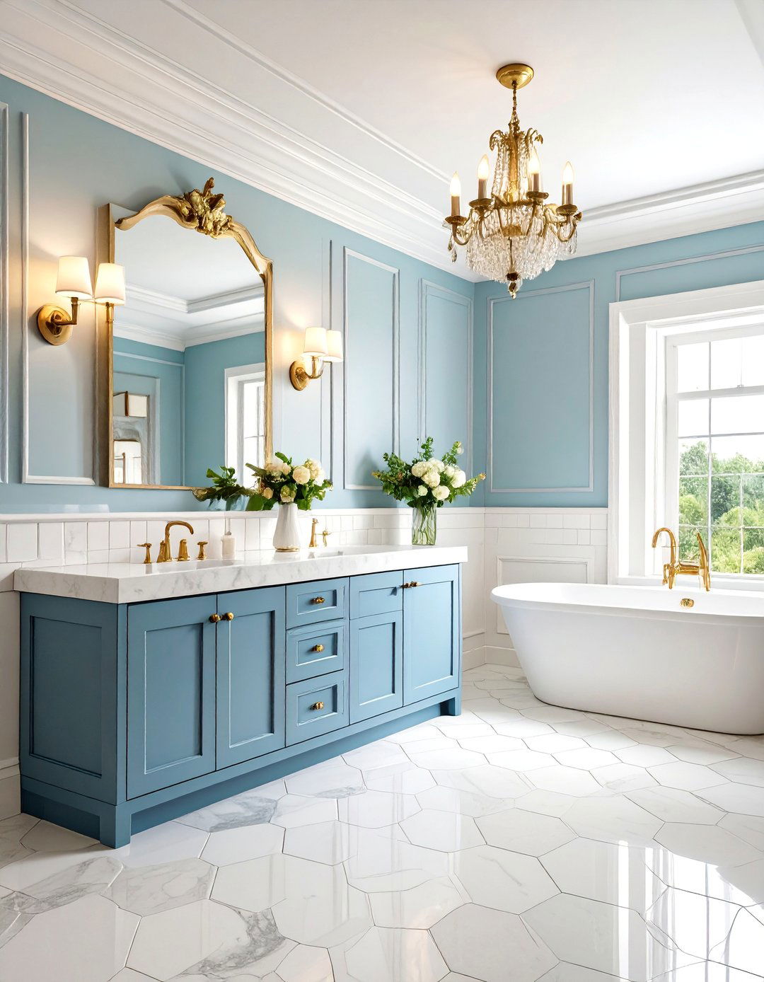 Traditional White Bathroom with Crown Molding - 25 Small White Bathroom Ideas