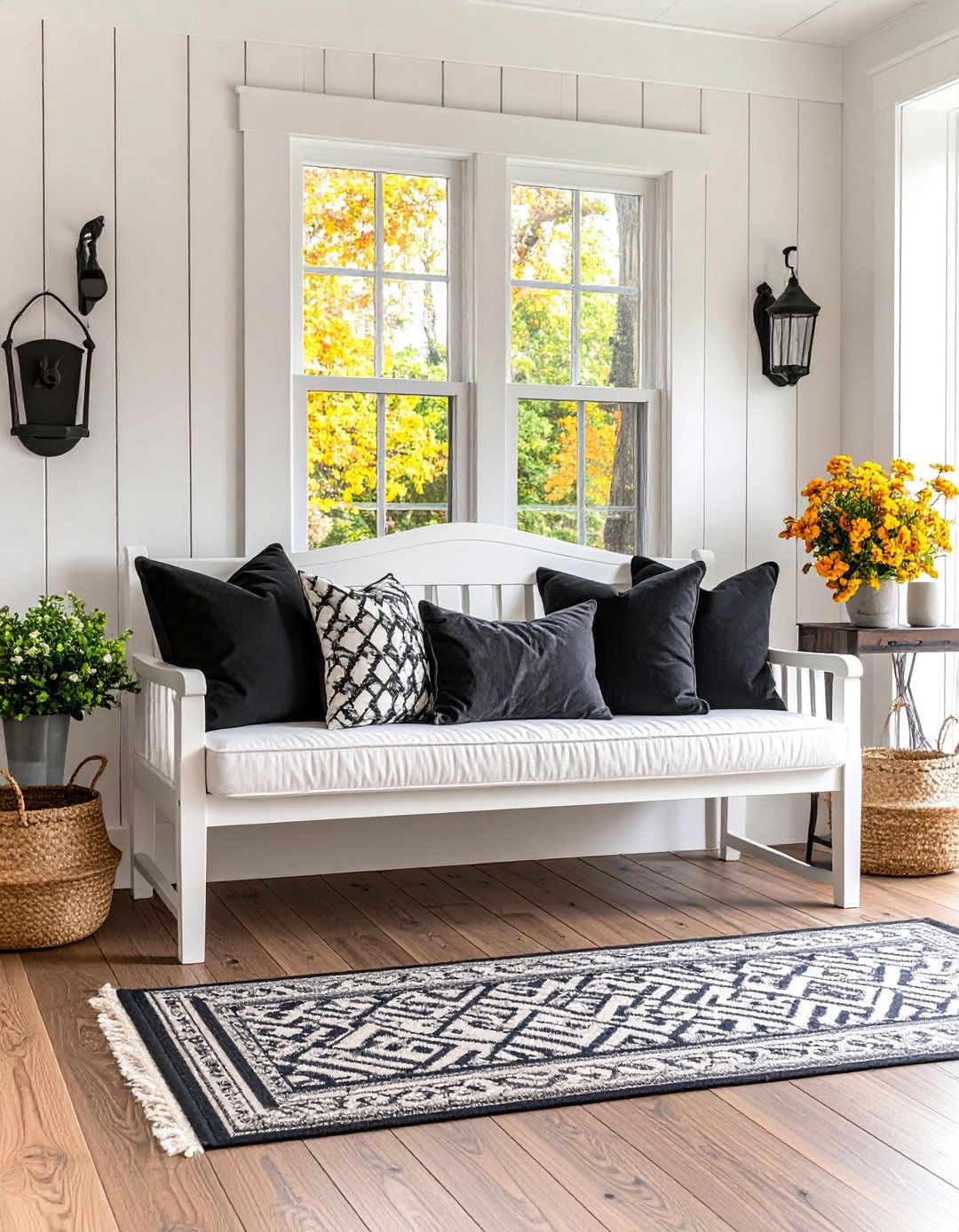 Traditional White Bench with Black Throw Pillows - 25 Black and White Entryway Design Ideas