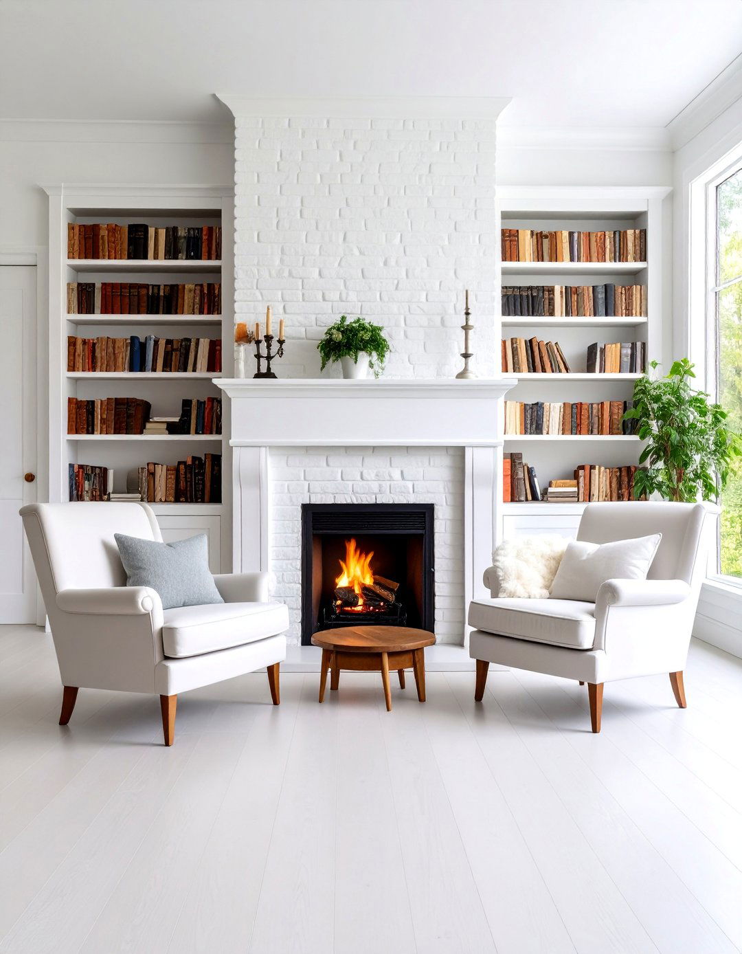 Traditional White Brick Fireplace with Built in Bookshelves - 25 White Stone Fireplace Ideas