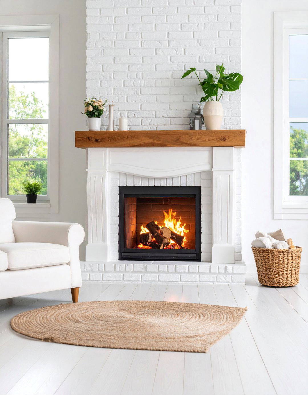 Traditional White Brick Fireplace with Classic Wooden Mantel - 25 White Fireplace Ideas